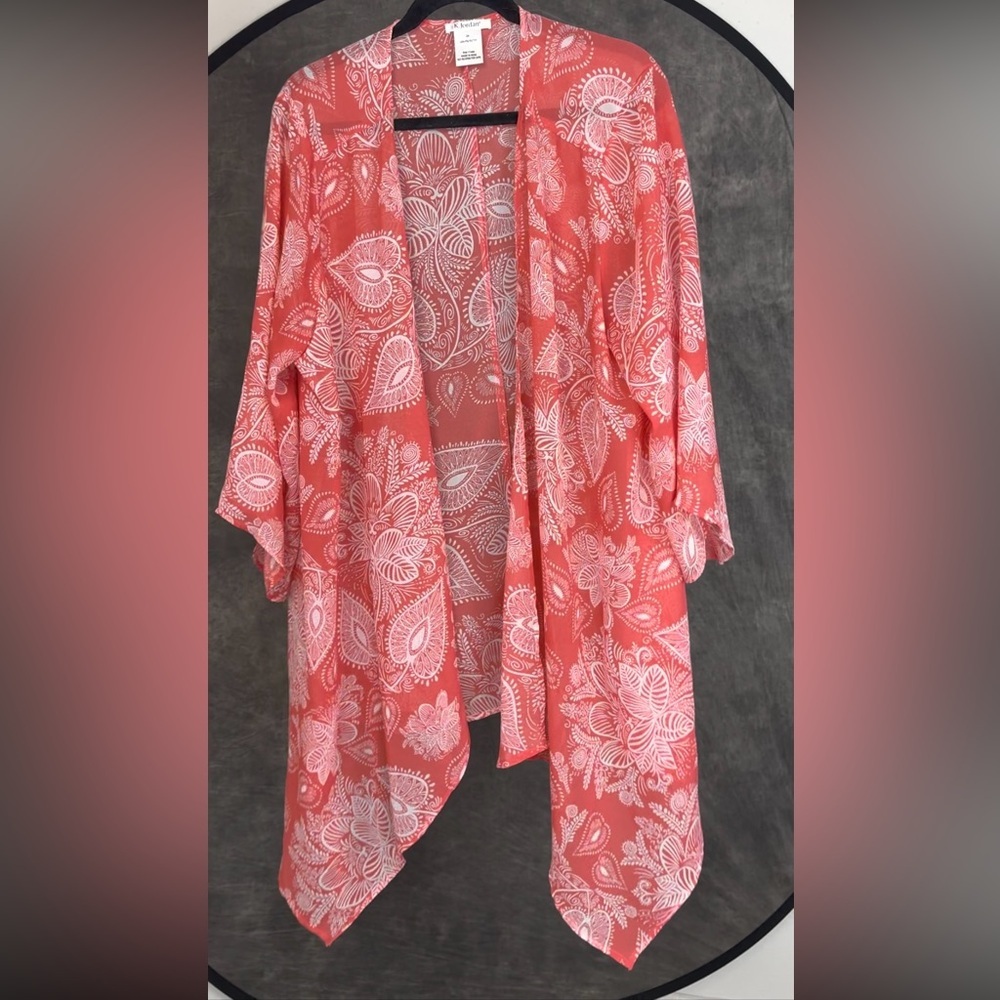 K Jordan Grapefruit Coral Sheer Floral Duster Cardigan 2X Lightweight Kimono